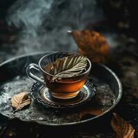 ai généré deux thé feuilles sur une pot de thé photo