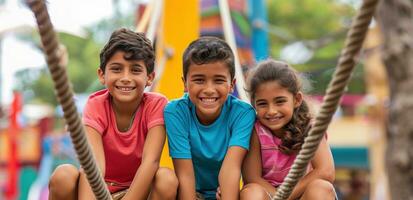 ai généré Trois les enfants sourire comme elles ou ils asseoir sur une corde dans un amusement parc photo