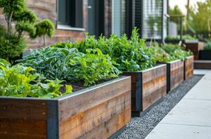 ai généré bois élevé jardin jardinières sont montré dans le Contexte photo