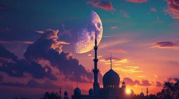 ai généré islamique lune dans le coucher du soleil avec magnifique des nuages avec une mosquée en dessous de il photo