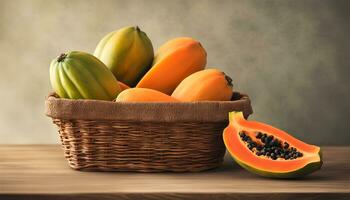 ai généré Papaye dans panier sur en bois table photo