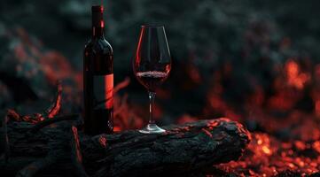 ai généré du vin bouteille et verre sur un vieux et rayé en bois assiette photo