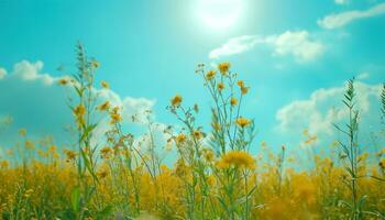 ai généré été ensoleillé journée dans le Prairie Contexte photo