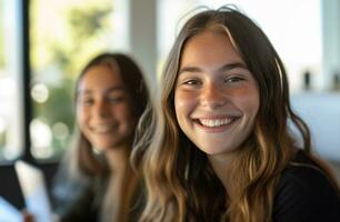 ai généré Jeune femmes souriant à le caméra dans une conférence pièce photo