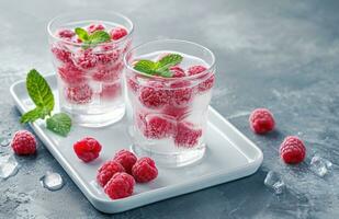 ai généré deux des lunettes avec framboises et menthe décorer une blanc plateau photo