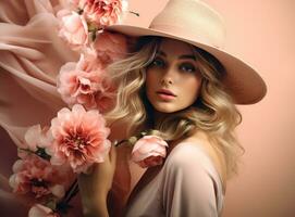 ai généré femme avec chapeau et fleurs photo