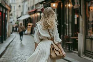 ai généré une blond femme dans une blanc jupe en marchant vers le bas une rue portant Sacs photo