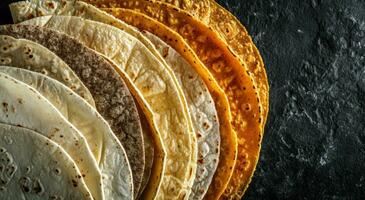 ai généré une intervalle de différent les types de mexicain tortillas sur une table sur noir Contexte photo