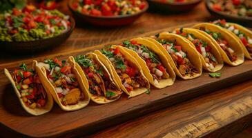 ai généré une variété de tacos est sur une en bois plateau photo