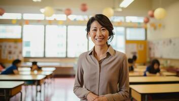 ai généré une souriant femme permanent dans une salle de cours photo