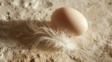 ai généré Oeuf pose sur le sol avec oiseau plumes photo