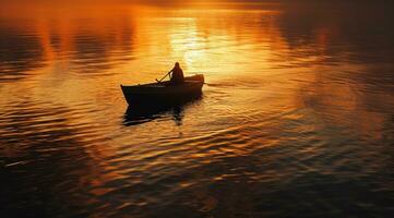 ai généré la personne aviron une bateau à le coucher du soleil dans magnifique corps de l'eau photo