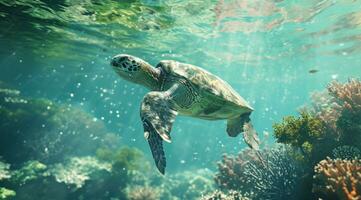ai généré une tortue nager dans le océan entouré par corail récifs photo