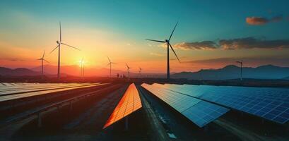 ai généré solaire panneaux et vent turbines à le coucher du soleil photo