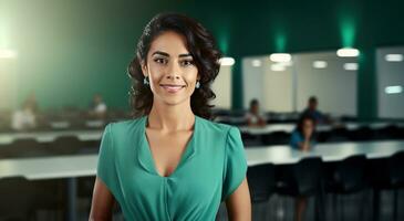 ai généré souriant femme dans salle de cours photo