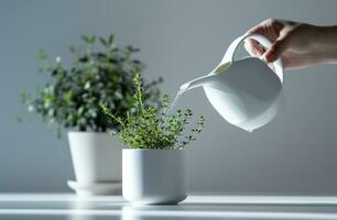 ai généré Quelqu'un est verser l'eau sur une plante dans une blanc pot photo