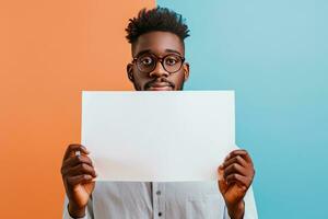 ai généré homme en portant en haut une Vide papier photo