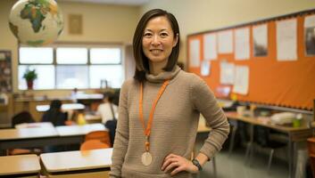 ai généré école prof pose pour des photos dans une salle de cours