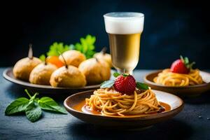 ai généré spaghetti avec Boulettes de viande et une verre de Bière photo