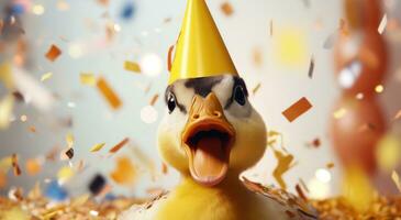 ai généré une canard dans une fête chapeau avec confettis tout plus de photo