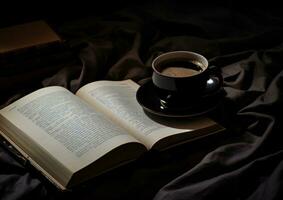 ai généré une tasse tasse de café avec une livre sur Haut de une lit photo
