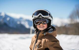 ai généré une garçon ski dans le montagnes avec le sien équipement sur photo