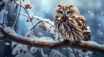 ai généré une marron hibou séance sur une arbre branche dans une neigeux atmosphère photo