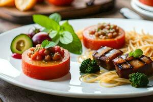 une assiette avec spaghetti, Viande et des légumes. généré par ai photo