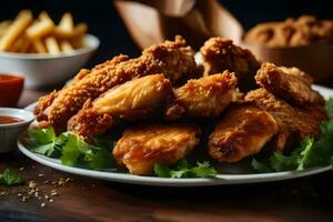 ai généré poulet ailes avec sauce et frites sur une assiette photo