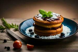 une empiler de Crêpes sur une assiette avec baies et menthe. généré par ai photo