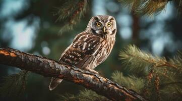 ai généré un hibou est permanent sur une branche dans une pin arbre photo