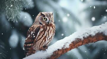 ai généré une marron hibou séance sur une arbre branche dans une neigeux atmosphère photo