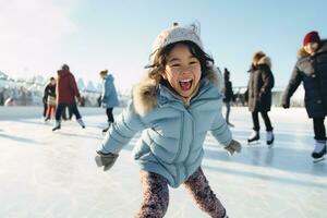 ai généré une Jeune fille est hystérique et profiter se sur la glace patinoire avec sa famille photo