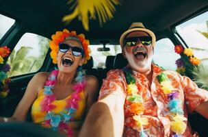 ai généré marrant plus âgée couple en riant dans voiture tandis que portant des lunettes de soleil photo