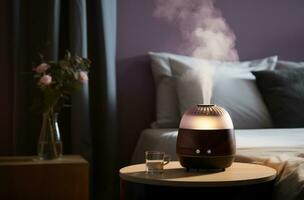 ai généré essentiel pétrole diffuseur vapeur vapeur lit dans chambre photo