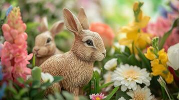ai généré adorable lapin figurines au milieu de Frais printemps fleur arrangements photo