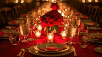 ai généré rouge draps, élégant vaisselle, et romantique aux chandelles photo