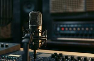 ai généré une microphone est assis sur une bureau dans une enregistrement studio photo