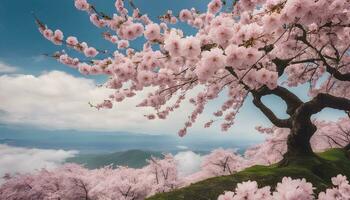 ai généré Cerise fleurs sur une flanc de coteau avec bleu ciel et des nuages photo