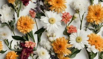 ai généré une bouquet de fleurs arrangé dans une modèle sur une blanc surface photo