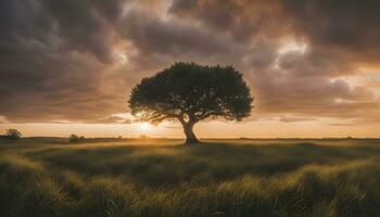 ai généré une seul arbre des stands dans une champ avec une spectaculaire le coucher du soleil photo