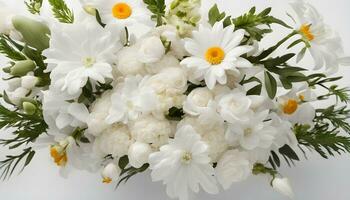 ai généré une bouquet de blanc fleurs sur une blanc surface photo