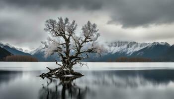 ai généré une seul arbre des stands dans le milieu de une Lac photo