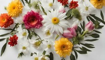 ai généré une grand groupe de fleurs arrangé sur une blanc surface photo