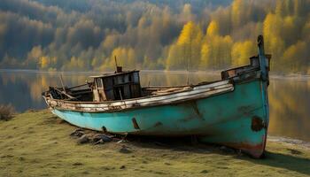ai généré un vieux bateau est assis sur le rive de une Lac photo