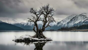 ai généré une seul arbre des stands sur un île dans une Lac photo