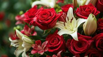 ai généré bouquets de rouge des roses, délicat fleurs de lys, et aromatique pétales photo