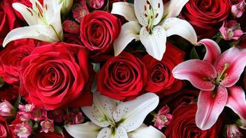 ai généré bouquets de rouge des roses, délicat fleurs de lys, et aromatique pétales photo