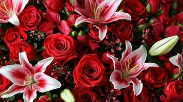 ai généré bouquets de rouge des roses, délicat fleurs de lys, et aromatique pétales photo