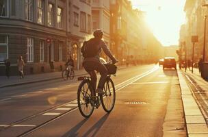 ai généré femelle cycliste équitation une bicyclette sur ville rue pendant lever du soleil photo